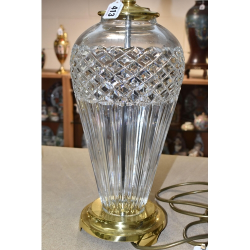 413 - A WATERFORD CRYSTAL 'BELLINE' PATTERN TABLE LAMP, of slender shouldered form, having a brass effect ... 