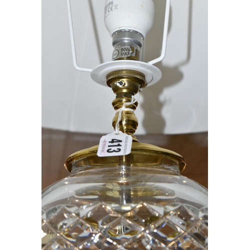 413 - A WATERFORD CRYSTAL 'BELLINE' PATTERN TABLE LAMP, of slender shouldered form, having a brass effect ... 