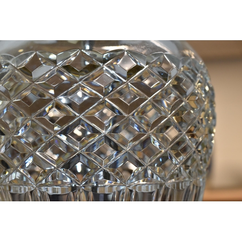 413 - A WATERFORD CRYSTAL 'BELLINE' PATTERN TABLE LAMP, of slender shouldered form, having a brass effect ... 