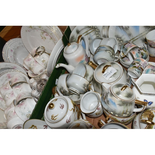 425 - THREE BOXES OF CERAMIC DINNER WARES, to include Japanese tea wares, including a Kutani China eggshel... 