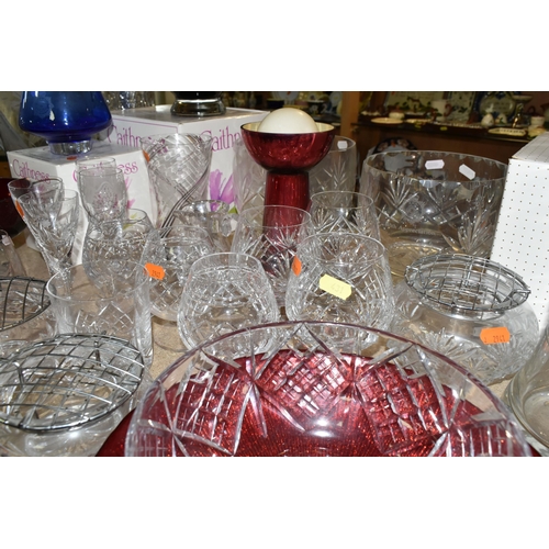 431 - A COLLECTION OF CUT CRYSTAL, comprising a pair of Tudor Crystal port glasses, four large vases, two ... 