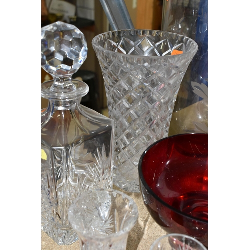 431 - A COLLECTION OF CUT CRYSTAL, comprising a pair of Tudor Crystal port glasses, four large vases, two ... 