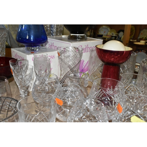 431 - A COLLECTION OF CUT CRYSTAL, comprising a pair of Tudor Crystal port glasses, four large vases, two ... 