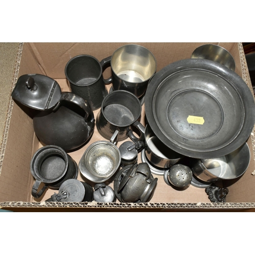 432 - TWO BOXES OF PEWTER AND METALWARE, to include a set of six John Somers goblets, a hand hammered must... 