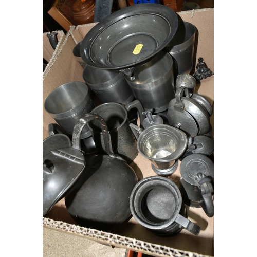 432 - TWO BOXES OF PEWTER AND METALWARE, to include a set of six John Somers goblets, a hand hammered must... 