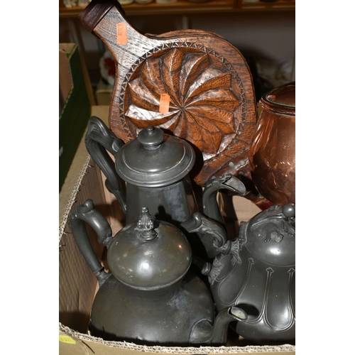 432 - TWO BOXES OF PEWTER AND METALWARE, to include a set of six John Somers goblets, a hand hammered must... 