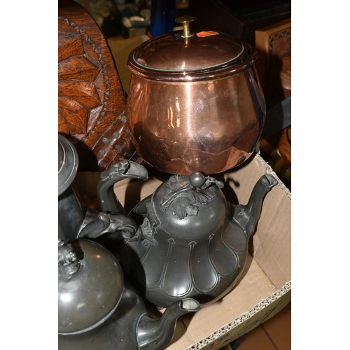 432 - TWO BOXES OF PEWTER AND METALWARE, to include a set of six John Somers goblets, a hand hammered must... 