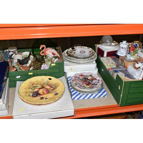 433 - TWO BOXES OF ORNAMENTS AND COLLECTOR'S PLATES, to include two Aynsley 'Orchard Gold' cabinet plates,... 