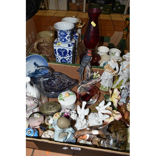 434 - TWO BOXES OF CERAMICS AND ORNAMENTS, to include two Oriental design blue and white four sided vases,... 