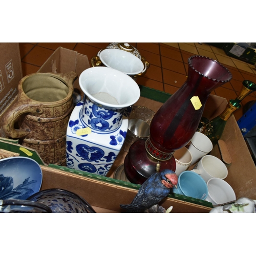 434 - TWO BOXES OF CERAMICS AND ORNAMENTS, to include two Oriental design blue and white four sided vases,... 