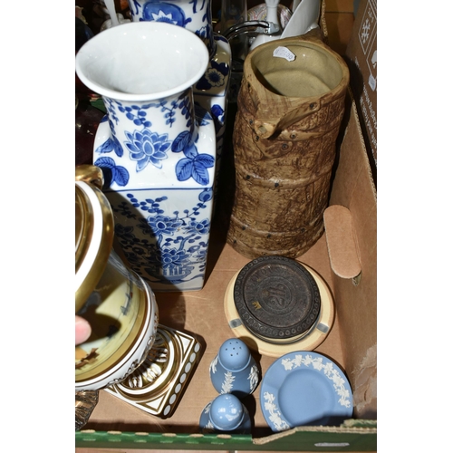 434 - TWO BOXES OF CERAMICS AND ORNAMENTS, to include two Oriental design blue and white four sided vases,... 