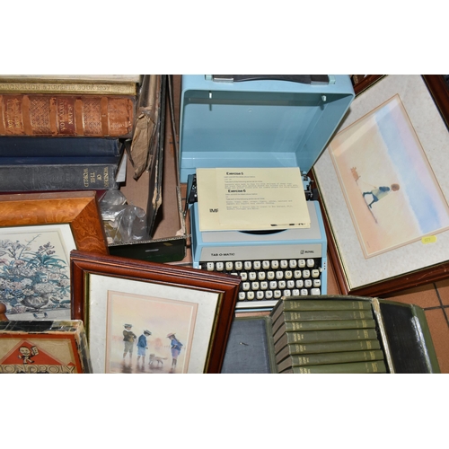 435 - TWO BOXES OF MISCELLANEOUS SUNDRIES AND ANTIQUARIAN BOOKS, to include a mid-century Bagatelle board,... 