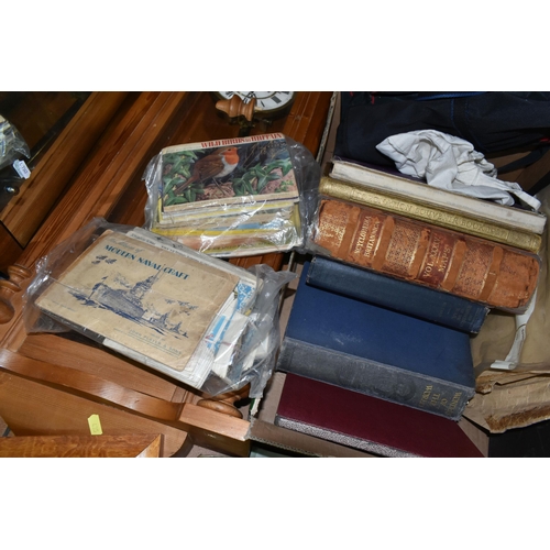 435 - TWO BOXES OF MISCELLANEOUS SUNDRIES AND ANTIQUARIAN BOOKS, to include a mid-century Bagatelle board,... 