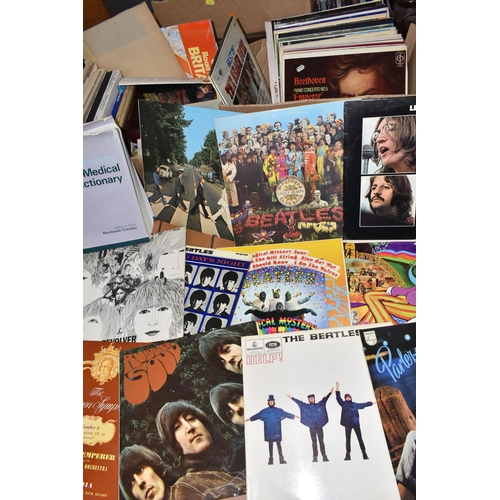 437 - FIVE BOXES OF BOOKS, DVDS AND L.P RECORDS, forty-three LP records to include The Beatles ; Let It Be... 