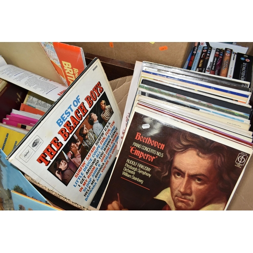 437 - FIVE BOXES OF BOOKS, DVDS AND L.P RECORDS, forty-three LP records to include The Beatles ; Let It Be... 