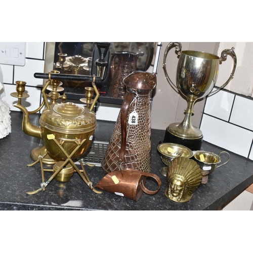 438 - A COLLECTION OF METALWARE, comprising a Victorian brass spirit kettle with original brass stand, a g... 