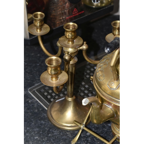 438 - A COLLECTION OF METALWARE, comprising a Victorian brass spirit kettle with original brass stand, a g... 