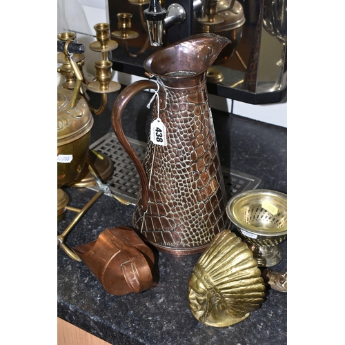 438 - A COLLECTION OF METALWARE, comprising a Victorian brass spirit kettle with original brass stand, a g... 