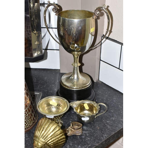 438 - A COLLECTION OF METALWARE, comprising a Victorian brass spirit kettle with original brass stand, a g... 