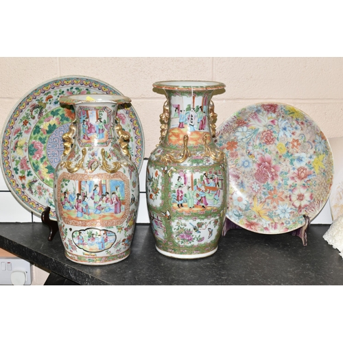 443 - TWO LARGE 19TH CENTURY FAMILLE ROSE BALUSTER VASES AND TWO CHINESE PORCELAIN CHARGERS, both vases wi... 