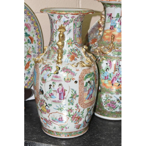 443 - TWO LARGE 19TH CENTURY FAMILLE ROSE BALUSTER VASES AND TWO CHINESE PORCELAIN CHARGERS, both vases wi... 