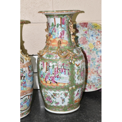 443 - TWO LARGE 19TH CENTURY FAMILLE ROSE BALUSTER VASES AND TWO CHINESE PORCELAIN CHARGERS, both vases wi... 