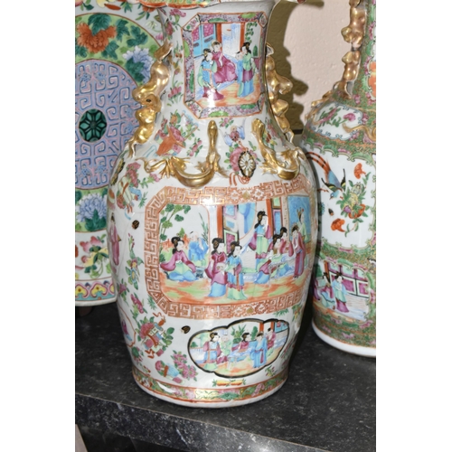 443 - TWO LARGE 19TH CENTURY FAMILLE ROSE BALUSTER VASES AND TWO CHINESE PORCELAIN CHARGERS, both vases wi... 