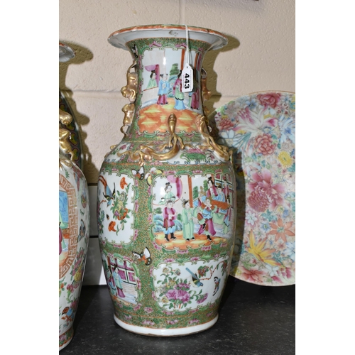 443 - TWO LARGE 19TH CENTURY FAMILLE ROSE BALUSTER VASES AND TWO CHINESE PORCELAIN CHARGERS, both vases wi... 