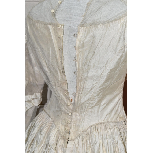 448 - A BESPOKE LATE 19TH CENTURY VICTORIAN SILK AND LACE WEDDING DRESS WITH ACCESSORIES, made for the mar... 