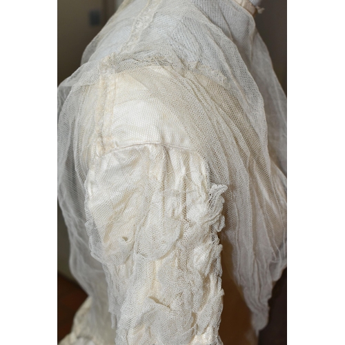 448 - A BESPOKE LATE 19TH CENTURY VICTORIAN SILK AND LACE WEDDING DRESS WITH ACCESSORIES, made for the mar... 