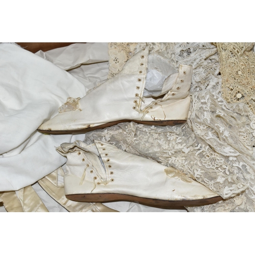 448 - A BESPOKE LATE 19TH CENTURY VICTORIAN SILK AND LACE WEDDING DRESS WITH ACCESSORIES, made for the mar... 