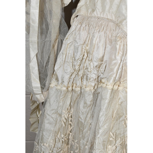 448 - A BESPOKE LATE 19TH CENTURY VICTORIAN SILK AND LACE WEDDING DRESS WITH ACCESSORIES, made for the mar... 