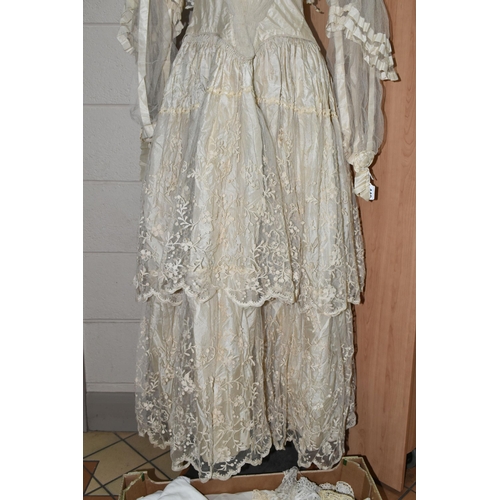 448 - A BESPOKE LATE 19TH CENTURY VICTORIAN SILK AND LACE WEDDING DRESS WITH ACCESSORIES, made for the mar... 