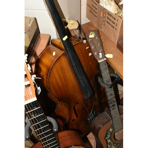 451 - A CELLO AND TWO ACOUSTIC GUITARS, comprising a Hungarian made cello, length of body 67cm, from scrol... 