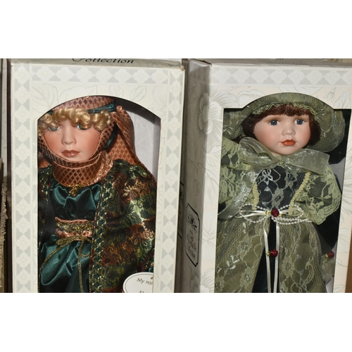 454 - FOUR BOXES OF COLLECTABLE LEONARDO COLLECTION  PORCELAIN DOLLS, to include thirty one dolls, all but... 