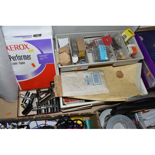 457 - SIX BOXES AND LOOSE SEWING MACHINE, STATIONERY, TOOLS AND HARDWARE, to include a cased Singer sewing... 