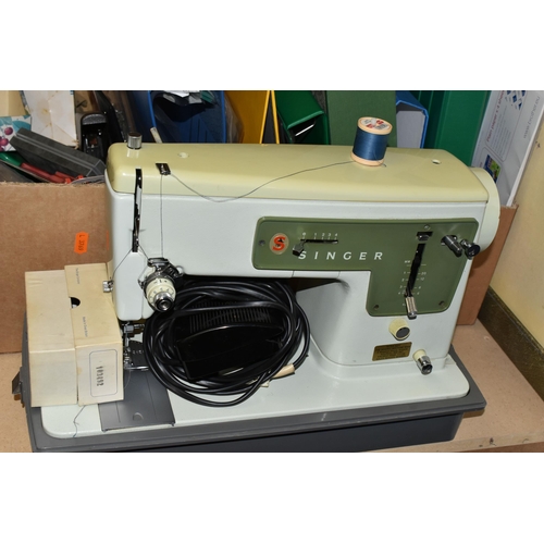 457 - SIX BOXES AND LOOSE SEWING MACHINE, STATIONERY, TOOLS AND HARDWARE, to include a cased Singer sewing... 