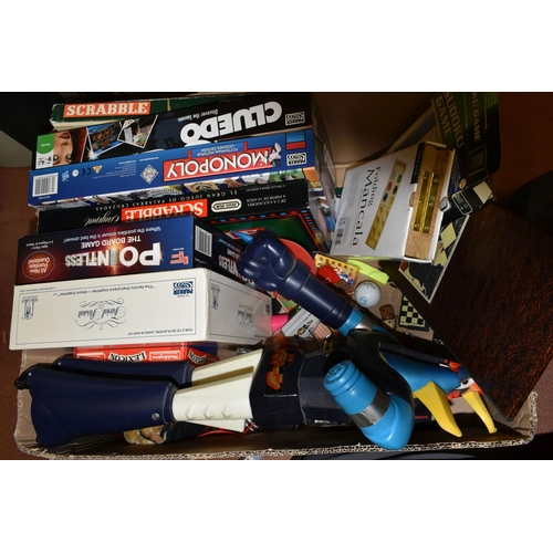 459 - THREE BOXES AND LOOSE SUITCASES, GAMES AND SUNDRY ITEMS, to include two hard plastic suitcases, heig... 
