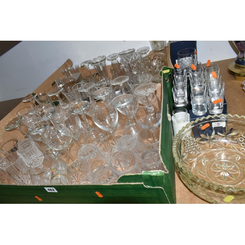 462 - TWO BOXES AND LOOSE GLASS WARES, to include a collection of fifteen whisky tot glasses (most persona... 