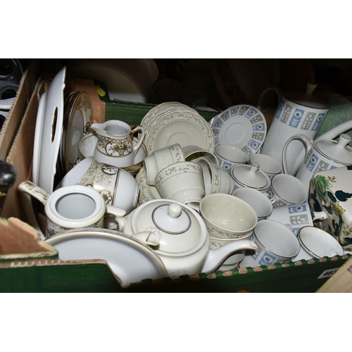 463 - FIVE BOXES OF CERAMICS, GLASS AND KITCHEN WARES, to include a Mason's Chartreuse cheese dish and cov... 