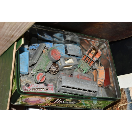 464 - TWO BOXES AND LOOSE DIECAST VEHICLES, RADLEY PURSE AND SUNDRY ITEMS, to include playworn vintage Din... 