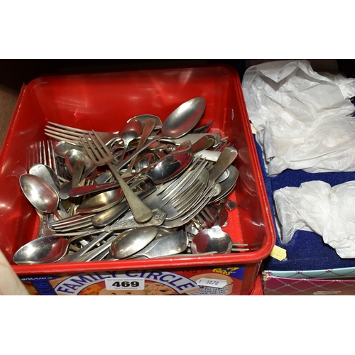 469 - TWO BOXES AND LOOSE PLATED WARES AND TINS, to include two boxed sets of four Ianthe goblets, two box... 