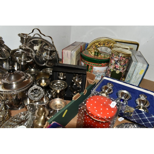 469 - TWO BOXES AND LOOSE PLATED WARES AND TINS, to include two boxed sets of four Ianthe goblets, two box... 