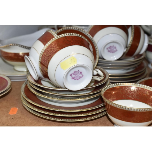 473 - A GROUP OF VARIOUS DINNER WARES, to include burgundy and gilt banded Mascot China/Acme Japan dinner ... 