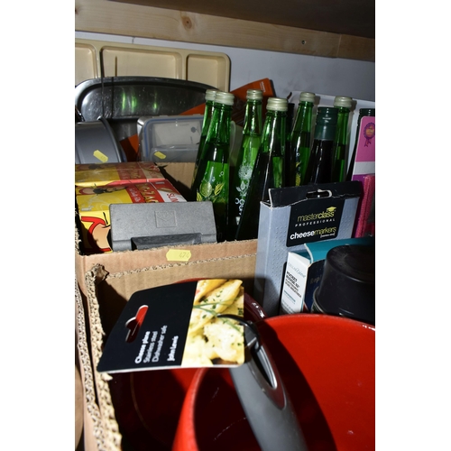 474 - FOUR BOXES AND LOOSE KITCHEN WARES AND SUNDRY ITEMS, to include four Brabantia plate warmers, differ... 