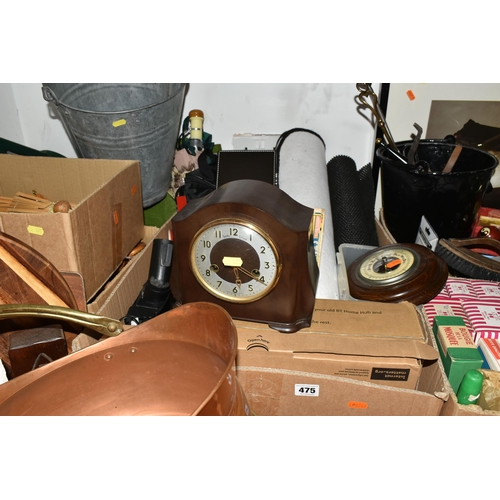 475 - SIX BOXES AND LOOSE METALWARES, TREEN AND SUNDRY HOMEWARES, to include a copper helmet form coal scu... 