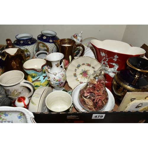 479 - TWO BOXES AND LOOSE CERAMICS, to include Denby 'Daybreak' pattern tea ware (six cups and six saucers... 