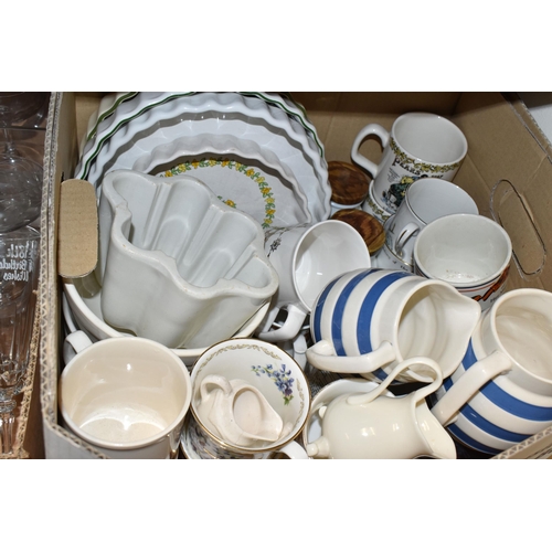 480 - NINE BOXES OF GLASSWARE AND KITCHENWARE, to include an Avon lidded egg shaped milk glass pot, cerami... 