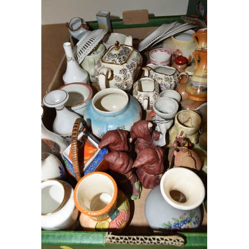 484 - THREE BOXES OF CERAMICS AND ORNAMENTS, to include a Denby 'Manor green' 1.5 pint jug, a West German ... 