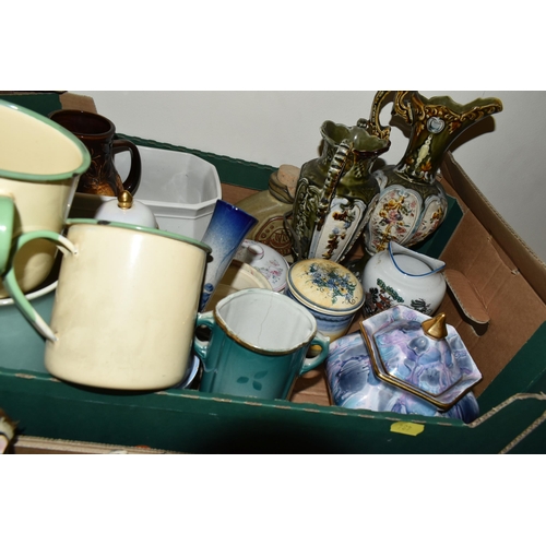 484 - THREE BOXES OF CERAMICS AND ORNAMENTS, to include a Denby 'Manor green' 1.5 pint jug, a West German ... 